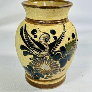 Vintage MEXICAN Tonala Style CLAY VASE Hand Painted SIGNED - MEXICO